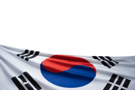 Studio photograph featuring the Korean flag draped with elegant folds and ample copy space, ideal for national announcements