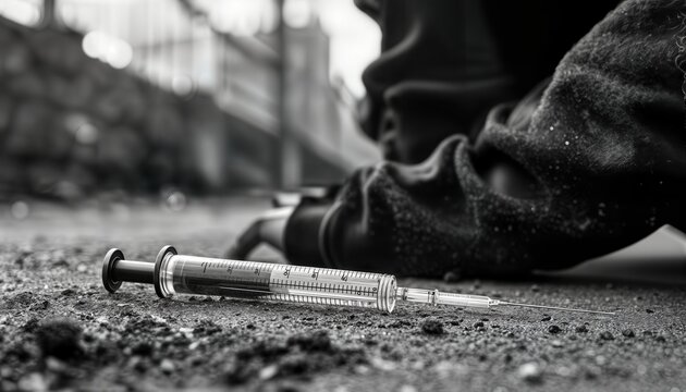 a discarded syringe lies on the ground near a person's hand, symbolizing the harsh realities of drug abuse and its impact on individuals and communities.