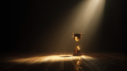 Spotlit Trophy Symbolizes Success. Golden cup stands on stage under light. Ideal for marketing, web design, awards, contest, achievement, victory, celebration.
