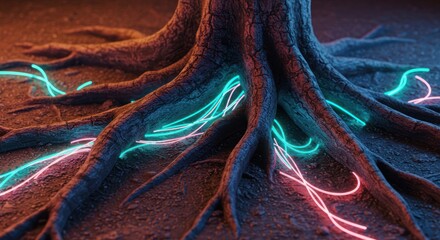 Futuristic Neural Network Tree with Glowing Digital Nerve-like Connections in Dark Environment