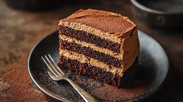 Decadent Slice of Chocolate Layer Cake with Rich Frosting on a Dark Plate