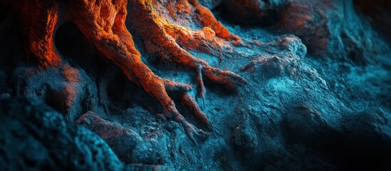 Fiery roots grip dark coastal rocks; dramatic texture, design