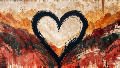 a darkly outlined heart is centered on a textured, warm-toned abstract background with brushstroke effects.
