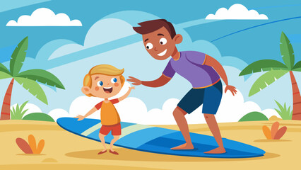 Child learning to surf on softboard with parent