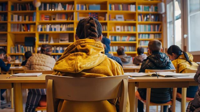 Tutor gives free lessons to needy kids in a bright community center. International Day of Charity, September 5