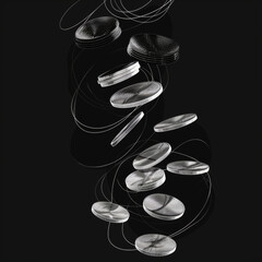 White Outlined Coins on Dark Background, Generative AI Illustration