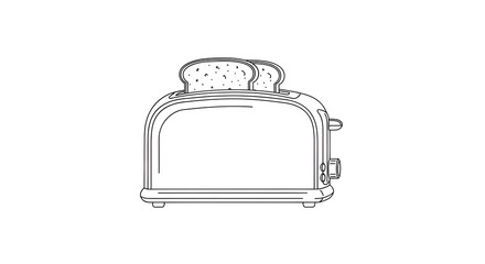 Clean line art illustration of a toaster with two slices of bread popping up neatly, centered on clean white background