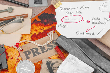 OSINT-themed creative workspace with vintage tools, handwritten notes, and press elements