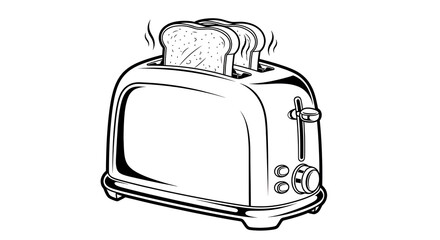 Clean thick line art illustration of a toaster with two slices of bread popping up, on clean white background