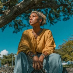 young woman sitting on a tree