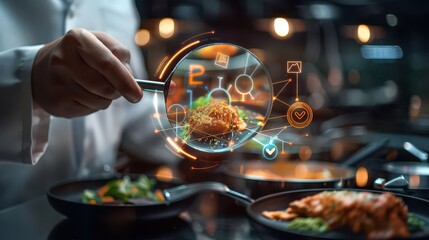 Chef inspecting dish with magnifying glass and digital interface in commercial kitchen setting