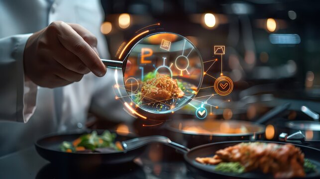 Chef inspecting dish with magnifying glass and digital interface in commercial kitchen setting