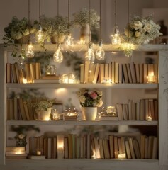 decorated book shelf in the living room