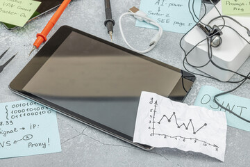 Modern OSINT setup with smartphone, tablet, probes, cables, sticky notes with investigative hints