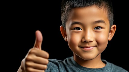 Smiling boy gives thumbs-up, black background, studio shot, positive