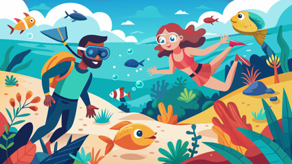 Naklejka premium Snorkeling friends exploring tropical seabed