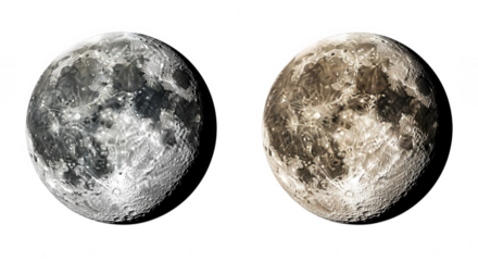 Two moons display a serene celestial sphere, offering a cosmic spectacle perfect for astronomy enthusiasts and designers seeking a touch of lunar mystique with planet textures, transparent background