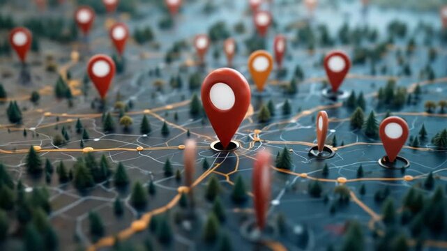 Map with location pins on the road and forest network, representing geolocation and connectivity. 4k video
