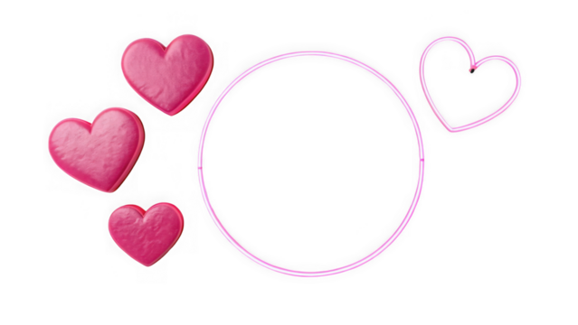 Three textured pink hearts and neon pink circle and heart isolated on transparent background