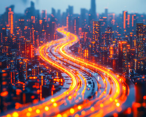 Fototapeta premium Futuristic cityscape with glowing highways and illuminated skyscrapers at night