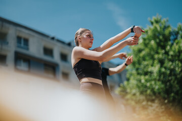 A woman wearing athletic attire stretches her arms outdoors under clear skies, emphasizing fitness...