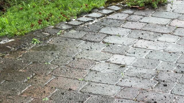 heavy rain pattering on terrace tiles