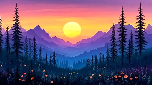 Beautiful colorful mountain landscape with forest and meadow at sunset scenery vector illustration