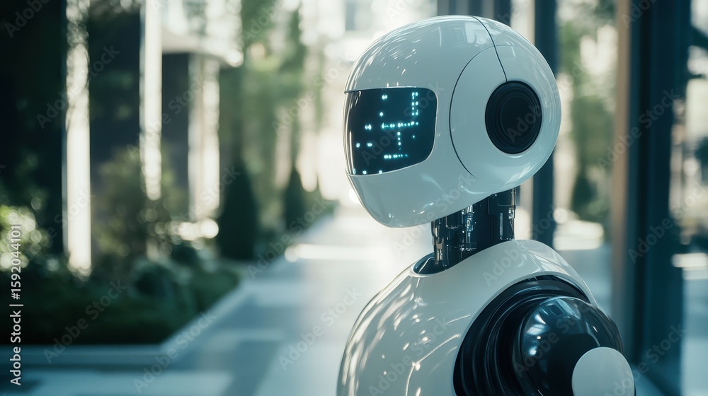 Poster a futuristic robot featuring a sleek design and interactive digital interface stands in a modern urb