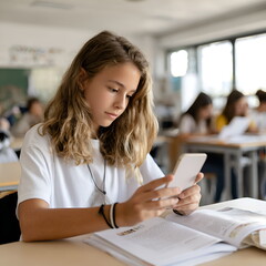 Fototapeta premium Teenage girl using smartphone while studying in classroom 