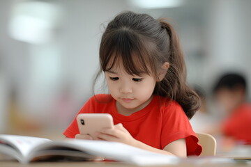 Young girl using smartphone while sitting at desk in classroom