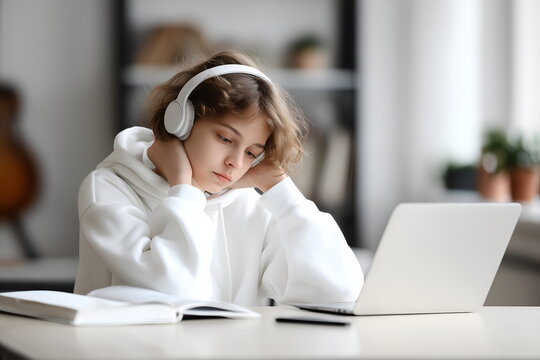 High school student studying online at home, focused on laptop screen at desk with notebooks and headphones