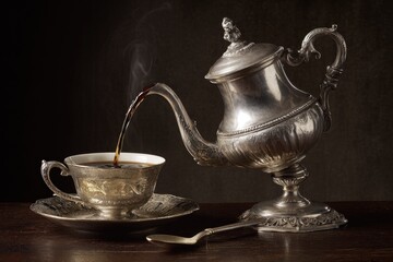 Antique silver coffee pot pouring into cup (1)