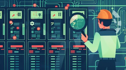 Man inspecting server racks with magnifying glass in a data center environment illustration style