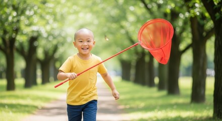の公園で虫取り網を持って元気に走る5歳の男の子
