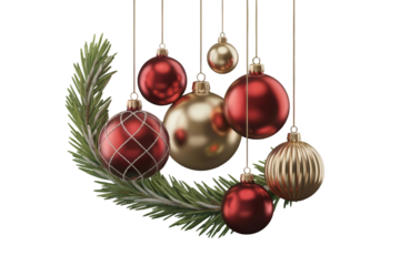 Photorealistic 3 D Render of Red and Gold Christmas Ornaments Hanging Against a white Background with a Green Pine Branch