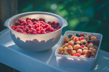 Sunlit scene showcasing bowls of freshly picked red and golden raspberries. The vibrant berries are displayed on a white surface, highlighting their natural colors and freshness