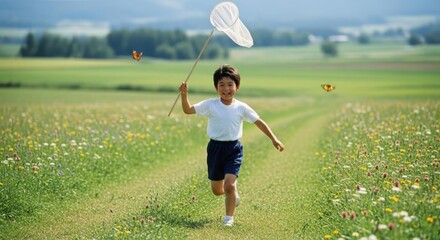 夏の草原で虫取り網を持って元気に走る体操服の男の子