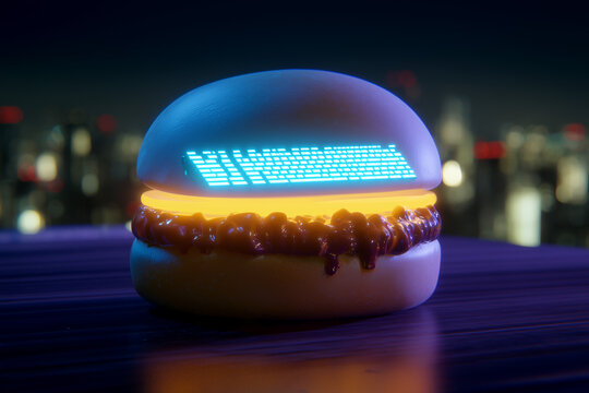 Futuristic burger with a glowing screen embedded in the bun, blending fast food and digital innovation. A surreal and tech-driven concept for AI or food tech themes.