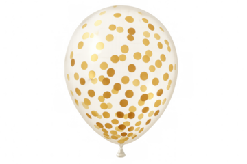 Realistic white balloon bursting with golden confetti, floating against transparent backdrop, celebrating special event or festive moment