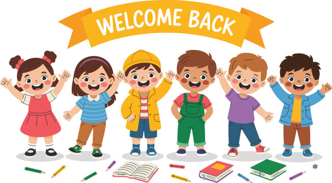 Illustration of happy children under a welcome back banner with books and pencils on a white background