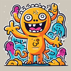 Cartoon illustration of a happy, orange monster with raised hands surrounded by other colorful doodle characters.