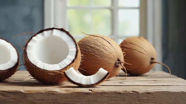 Fresh Whole and Halved Coconuts on Wooden Table in Natural Light
