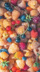 Colorful mix of fresh berries and fruits, including raspberries, strawberries, blueberries, and blackcurrants, showcasing a variety of textures and vibrant hues in natural light