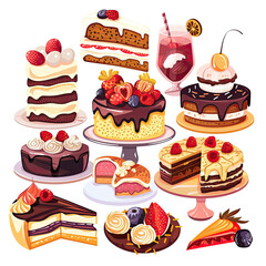 Assorted desserts, cakes, and pastries, displayed on tiered stands. Colorful and varied, featuring a mix of layered cakes, slices, and a beverage