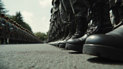 Close-up of military boots in a large parade formation