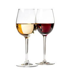 Two wine glasses, one filled with white wine, the other with red wine, stand side-by-side against a black background.  