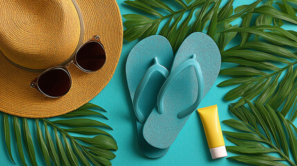 vibrant layflat summer aesthetics on Adobe Stock, showcasing beach-ready essentials like flip-flops, sunscreen, sunglasses, and palm leaves. Ideal for travel blogs, summer promotions, skincare ads