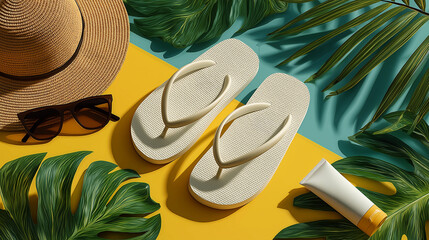vibrant layflat summer aesthetics on Adobe Stock, showcasing beach-ready essentials like flip-flops, sunscreen, sunglasses, and palm leaves. Ideal for travel blogs, summer promotions, skincare ads
