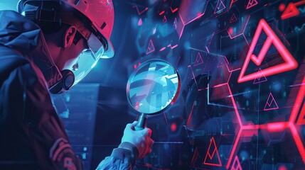 Man in protective gear examines glowing geometric patterns with a magnifying glass closely inspecting data