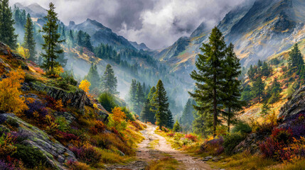 Serene mountain landscape with colorful foliage and misty forest trail